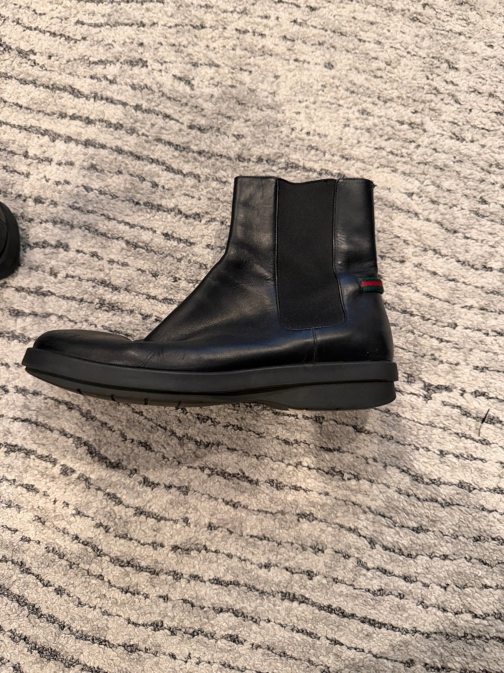 Gucci Black Leather Chelsea Boot with Green and Red Stripe